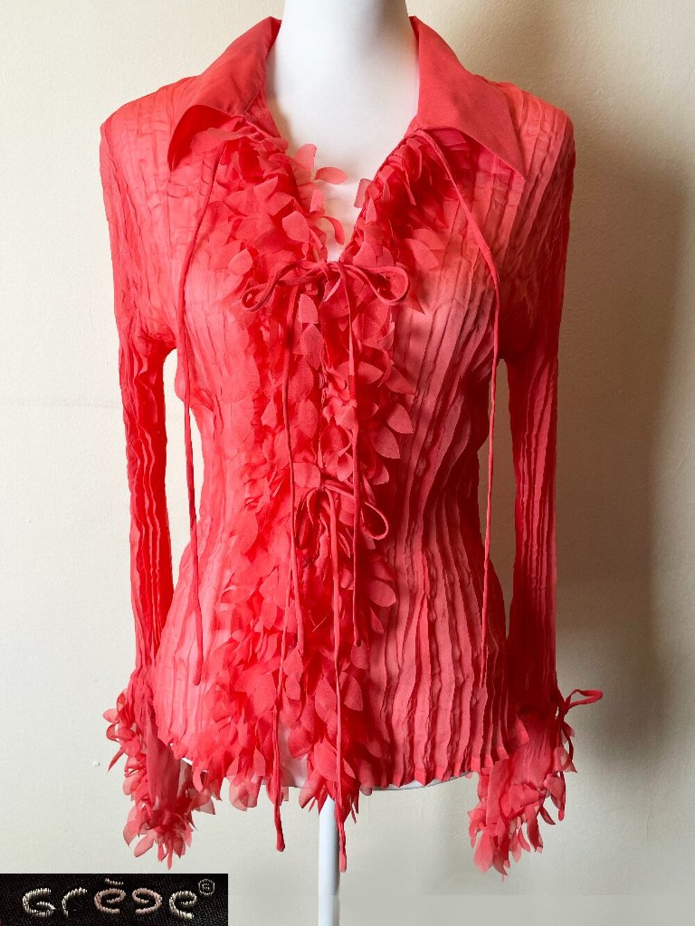 Grège Vintage Romantic Pleated Ruffle Sheer Coral Long Sleeve Blouse Size 2 EUC